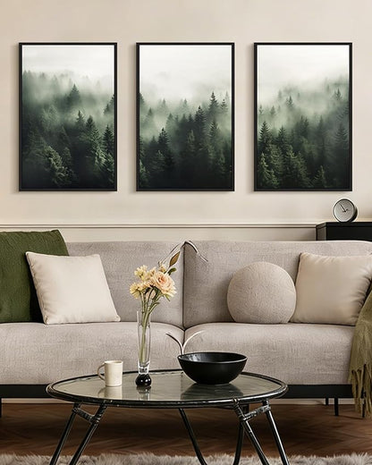 PHOPAGO Green Fog Pine Tree Framed Wall Art Large 16x24in Nature Misty Nordic Forests Artwork Morden Paints for Living Room Home Office Decor - Black Framed