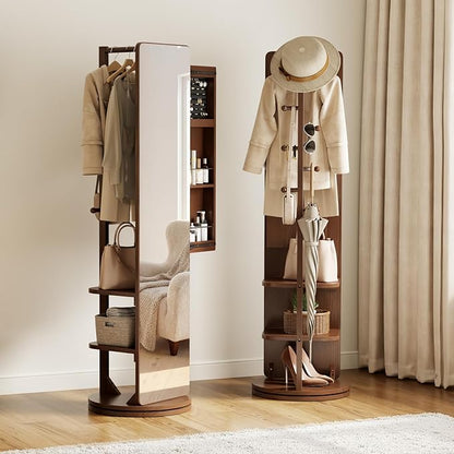 69" H×20" W Solid Wood Mirror Jewelry Cabinet,360°Swivel Jewelry Organizer,Jewelry Armoire Cabinet Standing,Full Length Mirror with Storage&Coat Rack,Walnut