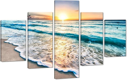 Beautiful Landscape Sunset Beach Ocean Seascape Modern Pictures Painting on Canvas 5 Panels Combination Set Enlarge for Wall Art Living Room Home Decor Framed Stretched (60''W x 40''H)
