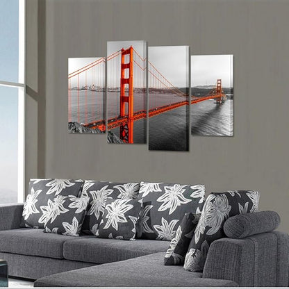KREATIVE ARTS Canvas Print Beautiful Golden Gate Bridge San Francisco California Black White Red Wall Art Home Decoration Picture Framed 4 panel Ready to Hang