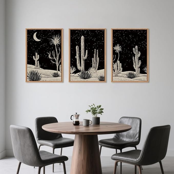 Desert Night Cactus Framed Wall Art Set,Modern Southwestern Black and White Wall Decor,Nature Rustic Moon and Stars Artwork for Living Room,Bedroom-24 x36 x3