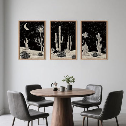 Desert Night Cactus Framed Wall Art Set,Modern Southwestern Black and White Wall Decor,Nature Rustic Moon and Stars Artwork for Living Room,Bedroom-24 x36 x3