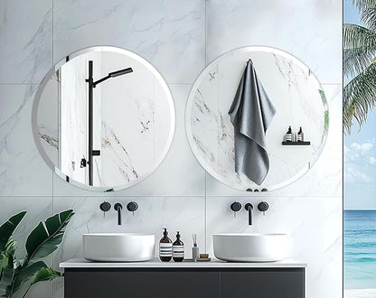 Frameless Round Wall Mirror: Decorative Mirrored Glass Vanity with Beveled Silver Edge for Bathroom Bedroom Livingroom Dining Room Entryway Hallway, 32 x 32 inch