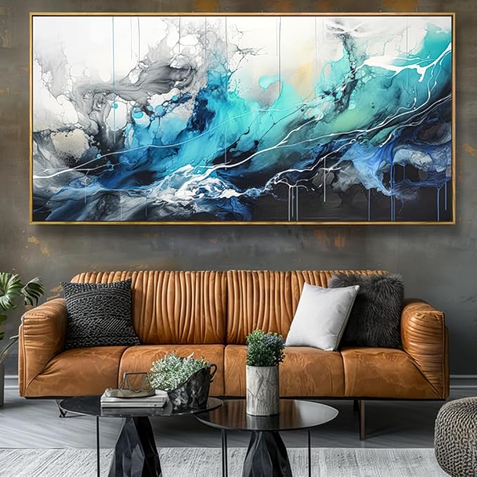 Wall Art Abstract Canvas Painting Teal Blue Modern Artwork for Living Room Bedroom Dining Room Home Office Decor 20"x40" with Framed