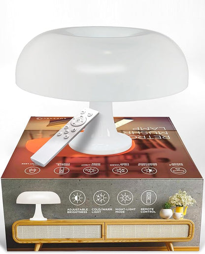 White Mushroom Lamp, Dimmable Retro Table Lamp — 3 Light Temperature, Remote-Controlled — Mid-Century Donut Shaped LED 70s Lamp — Optimize Your Space to a Cozy, Nostalgic Vibe—Perfect for Any Room