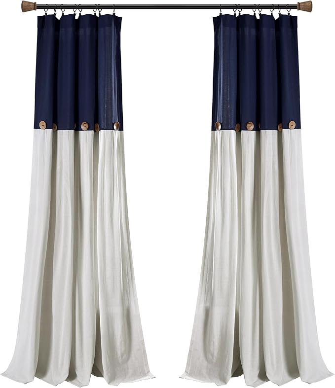 Lush Decor Linen Button Window Curtain Panel, Single, 40" W x 108" L, Navy & White - Country Curtains - Rustic Decor - Color Block - Modern Farmhouse Curtains