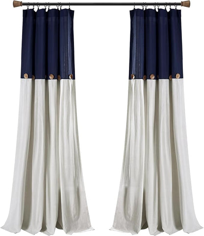 Lush Decor Linen Button Window Curtain Panel, Single, 40" W x 108" L, Navy & White - Country Curtains - Rustic Decor - Color Block - Modern Farmhouse Curtains