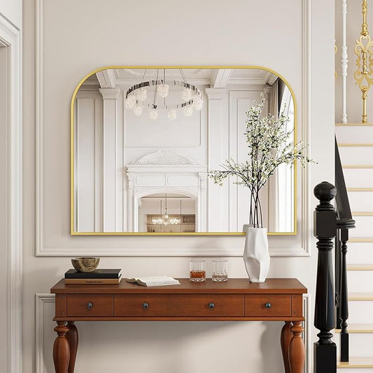 Gold Arched Top Wall Mounted Mirror - 48 x 30 Inch Round Cruved Top Bathroom Vanity Mirror, Aluminum Metal Framed, Home Decor for Living Room, Bedroom, Fireplace, Mantle, Entryway
