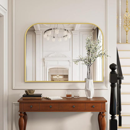 Gold Arched Top Wall Mounted Mirror - 38 x 30 Inch Round Cruved Top Bathroom Vanity Mirror, Aluminum Metal Framed, Home Decor for Living Room, Bedroom, Fireplace, Mantle, Entryway