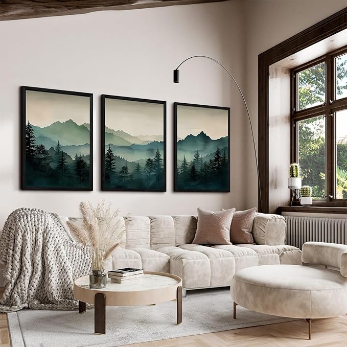 Mountain Wall Art Decor Set of 3 Sage Green Forest Canvas Wall Art Prints Nature Landscape Wall Decor Watercolor Pine Tree Pictures Abstract Modern Painting for Living Room Bedroom 16x24 Inch Framed