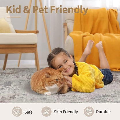 Rugxara 6x9 Washable Area Rug for Living Room, Modern Abstract Large Boho Rugs for Office, Dining Room, Kids Room, Farmhouse, Durable Low Pile Non Slip Carpet for High Traffic Areas,Blue/Beige