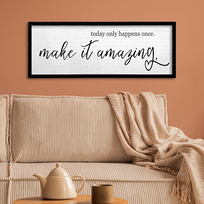 TQianJiang Inspirational Wall Decor Today Only Happens Once Make It Amazing Sign 24"×10" Farmhouse Positive Motivational Quote Wall Art Large for Home Office Living Room Wood Framed Hanging (Black)