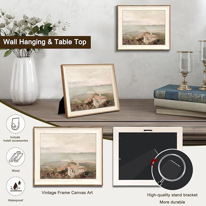 Framed Wall Art Decoration Canvas - Vintage Coastal Oil Painting Artwork Prints, Neutral Landscape Picture for Room Decor, Farmhouse Bedroom Bathroom - 10x12 Inch