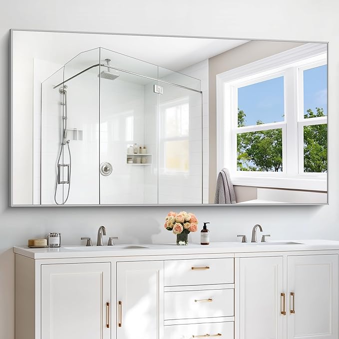 COFENY 36x72inch Bathroom Mirror, Silver Rectangle Mirror with Thin Metal Frame, Large Rectangular Wall Mirrors for Bathroom, Living Roomm, Hair Salon, Big Farmehouse Mirror Hang Horizontal/Vertical