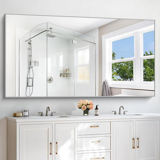 COFENY 36x72inch Bathroom Mirror, Silver Rectangle Mirror with Thin Metal Frame, Large Rectangular Wall Mirrors for Bathroom, Living Roomm, Hair Salon, Big Farmehouse Mirror Hang Horizontal/Vertical