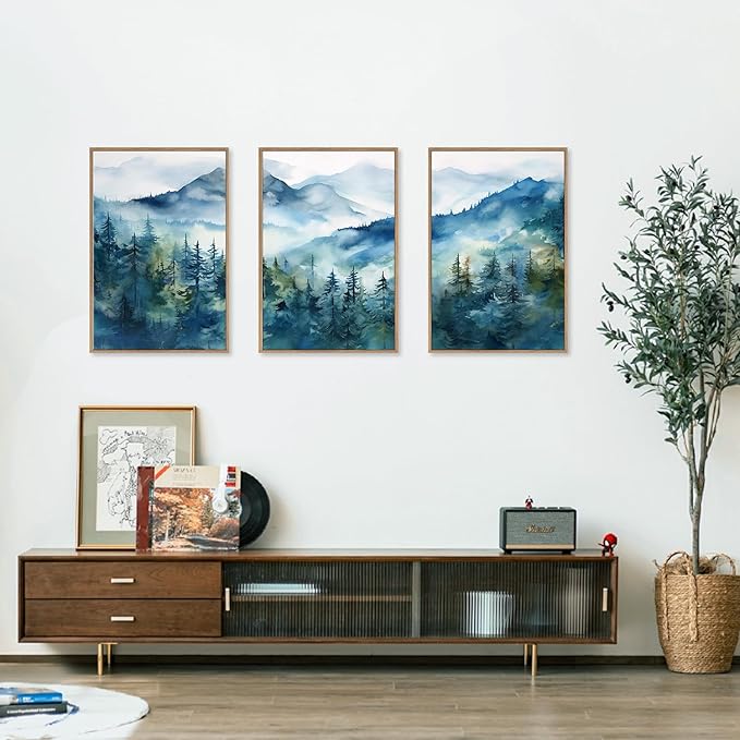 Blue Ridge Mountains Forest Framed Canvas Wall Art Set, Natural Landscape Wall Decor, Green Pine Trees Wall Painting, Woodland Artworks for Living Room, Bedroom, Dining Room-16"x24"x3