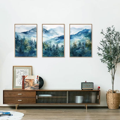 Blue Ridge Mountains Forest Framed Canvas Wall Art Set, Natural Landscape Wall Decor, Green Pine Trees Wall Painting, Woodland Artworks for Living Room, Bedroom, Dining Room-16"x24"x3