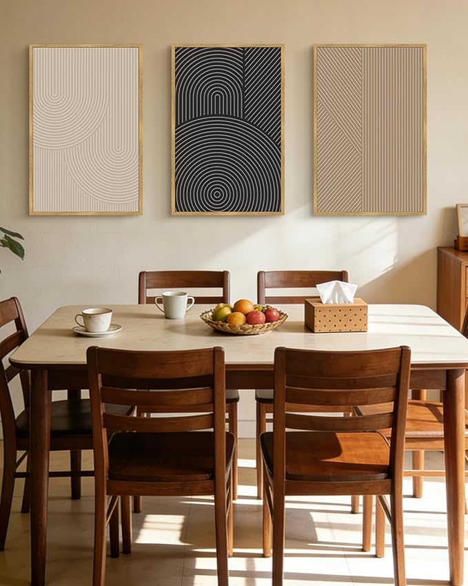 Drsoum Mid-Century Modern Framed Wall Art Large 24x36in Minimalist Abstract Boho Neutral Line Wall Decor Geometric Artwork Kitchen Dining Room Natural Framed