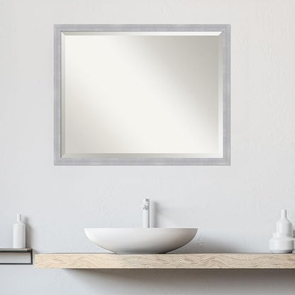 Amanti Art Silver Bathroom Mirror for Over Sink, 24x30 Grace Brushed Nickel Narrow Rectangle Vanity Mirror, Large Modern Frame, Hangs Horizonally and Vertically, Bathroom Wall Decor, Beveled Edge