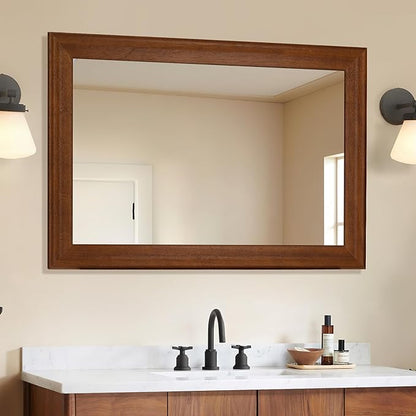 Tanmicoshomy Wood Bathroom Mirror 24 x 36 Inch, Solid Wood Framed Rectangle Mirrors with Shatter-Proof Glass for Living Room Bedroom Office or Entryway (Brown)