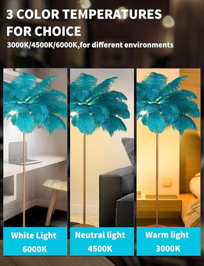 Feather Floor Lamp,Fluffy Ostrich Feather Floor Lamp for Bedroom,3 Color Temperatures Led Corner Modern Floor Lamps for Living Room Christmas Home Decor House Warming Gifts,63″ Height,50 Piece(Blue)