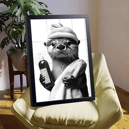 ARKZSHO Black and White Bathroom Wall Art, Funny Otter Is Getting Ready Bath Canvas Print Picture, Modern Farmhouse Wall Decor Painting, Cute Animal Bathroom Restroom Home Decoration 16x24 Inch Wood Framed