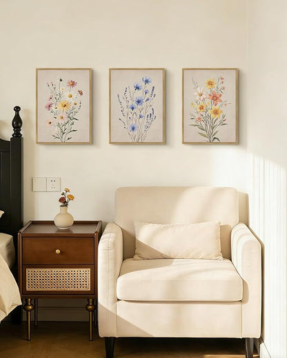 Drsoum Vintage Flower Bouquet Wall Art Framed Retro Bohemian Boho Colorful Floral Plant Rustic Artwork Nature Botanical Wildflower Prints Bedroom Living Room Ready to Hang 11x14in Natural Framed