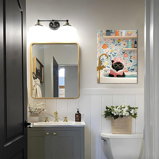 Funny Black Cat Bathroom Wall Art, Bathroom Animal Pictures Canvas Prints, Framed Cute Cat Posters Wall Decor for Living Room Bedroom Toilet Kids Room Wall Paintings 12X16 inch