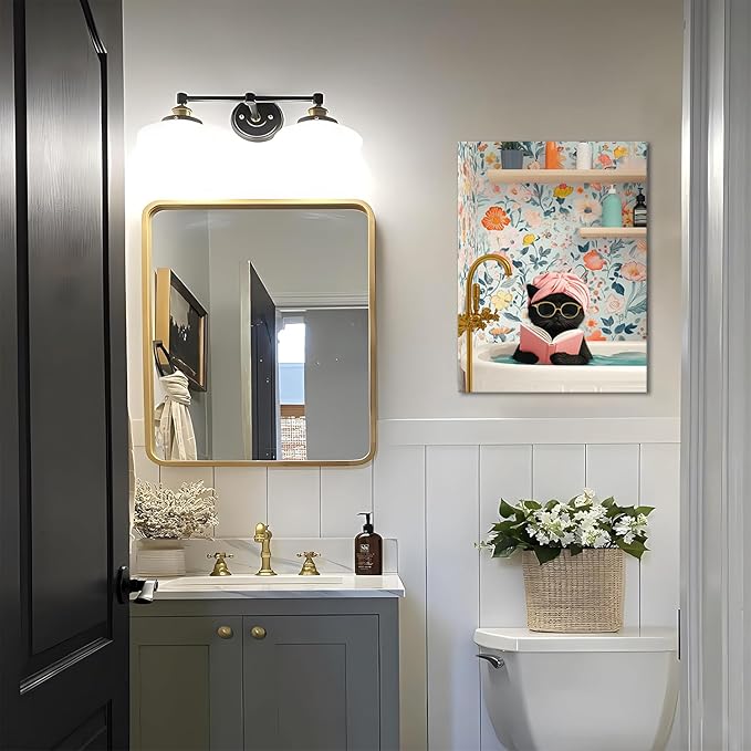 Funny Black Cat Bathroom Wall Art, Bathroom Animal Pictures Canvas Prints, Framed Cute Cat Posters Wall Decor for Living Room Bedroom Toilet Kids Room Wall Paintings 16x24 inch