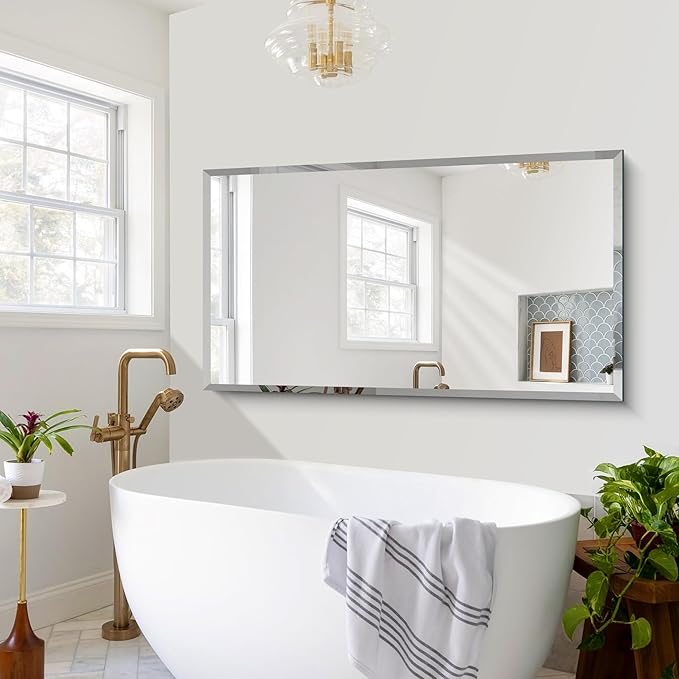 CILIBER Beveled Mirror, 30x55 Large Frameless Bathroom Mirrors for Wall, 3mm Tempered Glass Rectangle Vanity Mirror with Beveled Edge, Crystal-Clear, Hangs Horizontally or Vertically