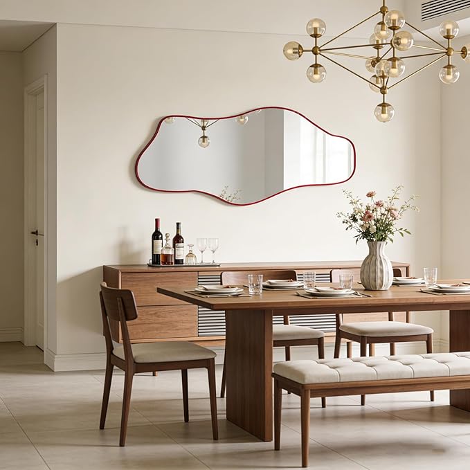 Large Irregular Mirror, 63"x30" Asymmetrical Tempered Glass Wall Mirror, Red Modern Organic Frameless Mirrors for Living Room Bedroom Hallway Entryway, Horizontal or Vertical Hanging