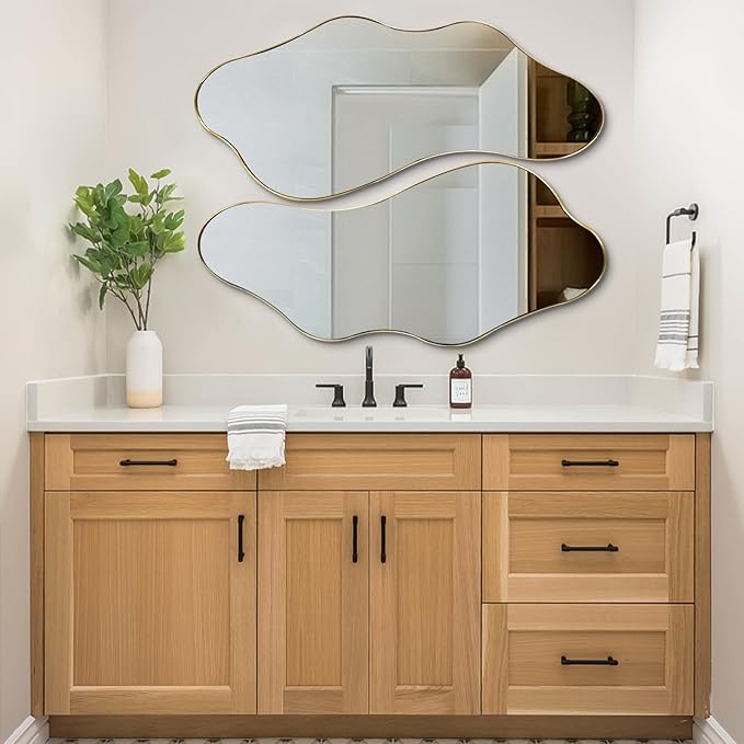 Irregular Mirror, 40"x18" Asymmetrical Wall Mirror with Gold Metal Frame, Odd Shaped Mirror, Modern Abstract Mirrors for Living Room Bedroom Hallway Entryway, Horizontal or Vertical Hanging