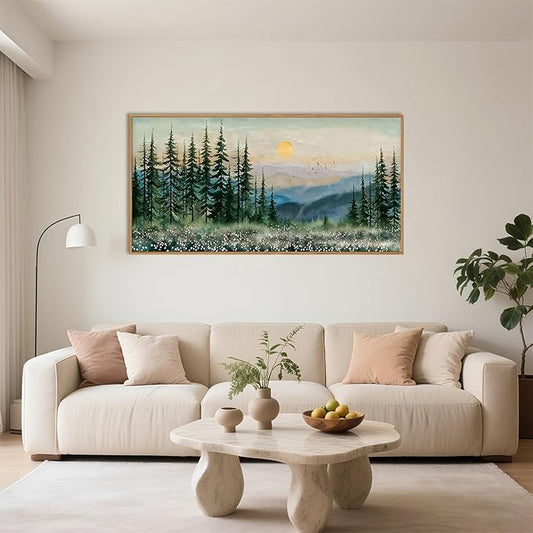 Nature Sunset Forest Framed Canvas Wall Art Set,Watercolor Landscape Green Pine Tree Wall Decor, Modern Boho Mountain Art Printing for Living Room,Bedroom-20 x40