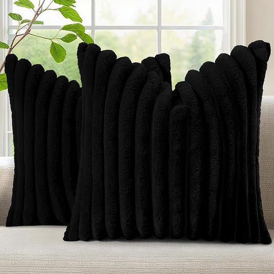 decorUhome Cozy Faux Fur Throw Pillow Covers 18x18 Set of 2 Decorative Soft Plush Striped Modern Farmhouse Boho Couch Pillow Cases with Velvet Back for Sofa Bed Living Room, Black
