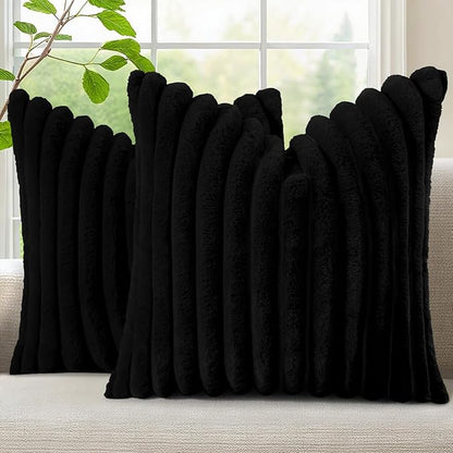 decorUhome Cozy Faux Fur Throw Pillow Covers 26x26 Set of 2 Decorative Soft Plush Striped Modern Farmhouse Boho Couch Euro Sham Pillow Cases with Velvet Back for Sofa Bed Living Room, Black