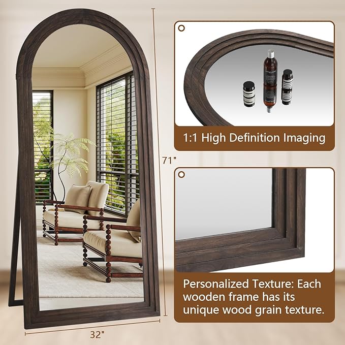 MELOMOIR Arched Full Length Mirror with Solid Wood Frame, 71"x32" Rustic Farmhouse Large Floor Mirror with Stand, Free Standing Leaning Hanging, for Bedroom Living Room Dressing Room Entryway, Brown
