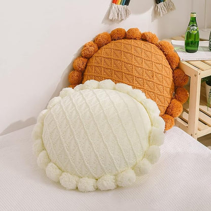 IXITON Round Creative Knitting Pompoms Pillow Sunflower Pillow Decorative Cushion Throw Pillow with Insert Plush Pillow for Couch Sofa Bed, 20 Inch (Light Yellow)