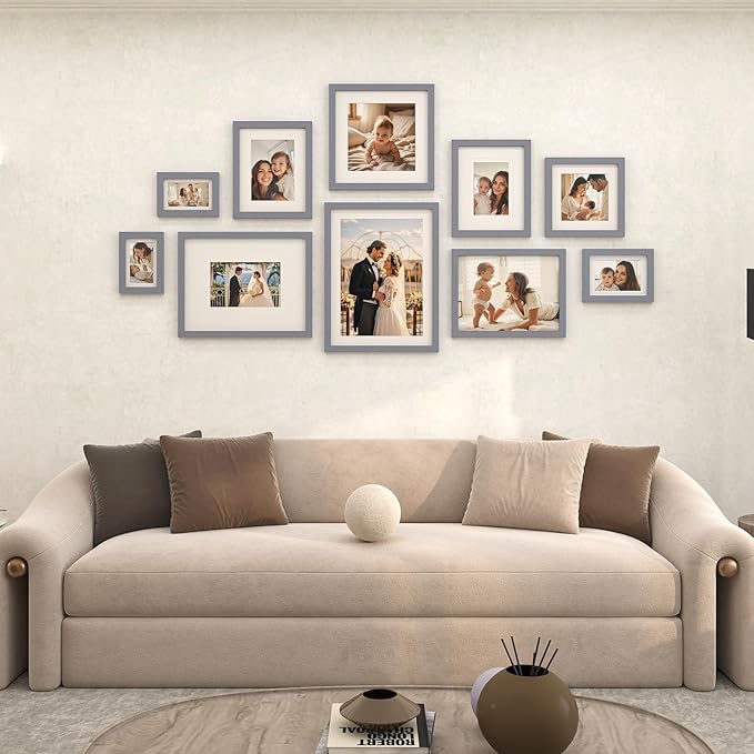 Egofine 11x11 Grey Picture Frames 4 Pack Display Pictures 4x4/8x8 with Mat or 11x11 Without Mat Made of Solid Wood for Table Top Display and Wall Mounting Photo Frame, Dark Grey