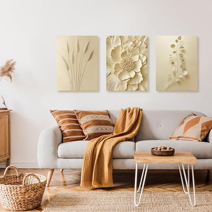 GELDSTEI Neutral Beige Floral Canvas Wall Art, Modern Minimalist Botanical Wall Decor, Vintage Beige Elegant Flower Poster Prints for Living Room Bedroom Framed Set of 3, Each 16x24 Inch