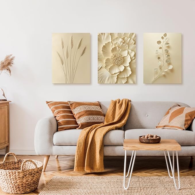 GELDSTEI Neutral Beige Floral Canvas Wall Art, Modern Minimalist Botanical Wall Decor, Vintage Beige Elegant Flower Poster Prints for Living Room Bedroom Framed Set of 3, Each 12x16 Inch