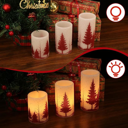 Christmas Tree Flameless Flickering Candles Battery Operated with 6H Timer, 3 Pack Real Wax Warm Light LED Pillar Candles Dinner Tabletop Holiday Centerpiece Decor 3" x 6"
