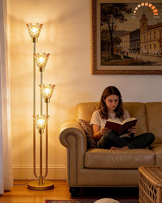 63IN 4-Lights Glass Floor Lamp Modern Dimmable Floor Lamps with Amber Glass Shade& Warm White Bulbs for Wedding/Party, Gold Tall Standing Lamp with 5Lbs Heavy Base for Living Room/Bedroom