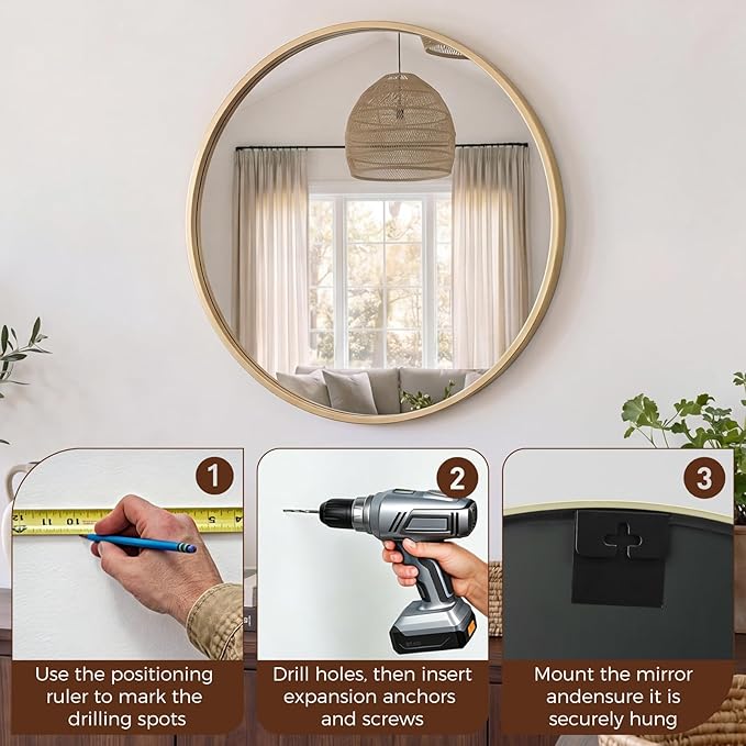 NEWBULIG 30 Inch Round Wall Mirror, Bathroom Mirror for Over Sink, Matte Metal Framed Circle Vanity Mirror, Wall Decor for Bedroom, Anti-Rust, Tempered Glass, Hanging or Leaning, Classic Gold