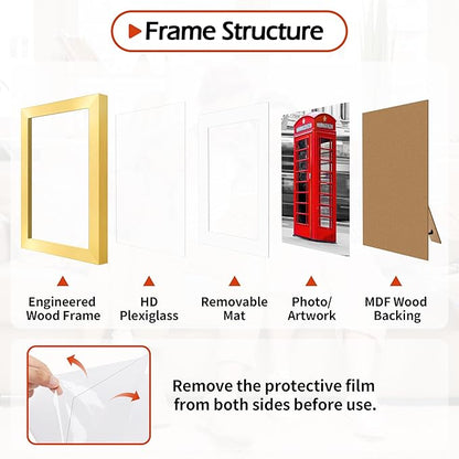 8x10 Picture Frame Set of 8, Gold Photo Frames for Tabletop or Wall Display, Fits Pictures 5x7 with Mat or 8x10 Without Mat, Frame Collage with HD Plexiglass for Gallery Home Wall Decor