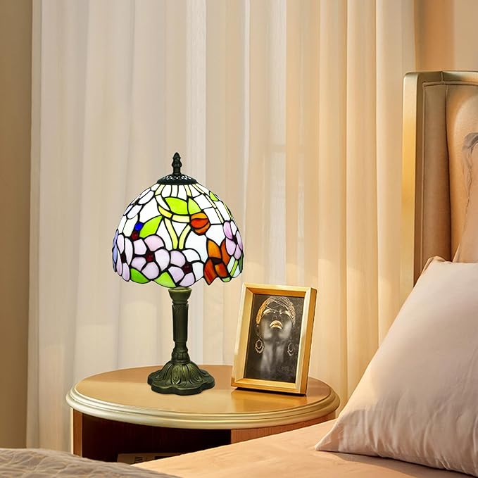 Tiffany Style Table Lamp, 3 Color Temperatures Bedside Lamp, 8 Inch Stained Glass Desk Light for Home Office Bedroom Living Room (Four-Leaf Flower Pattern)