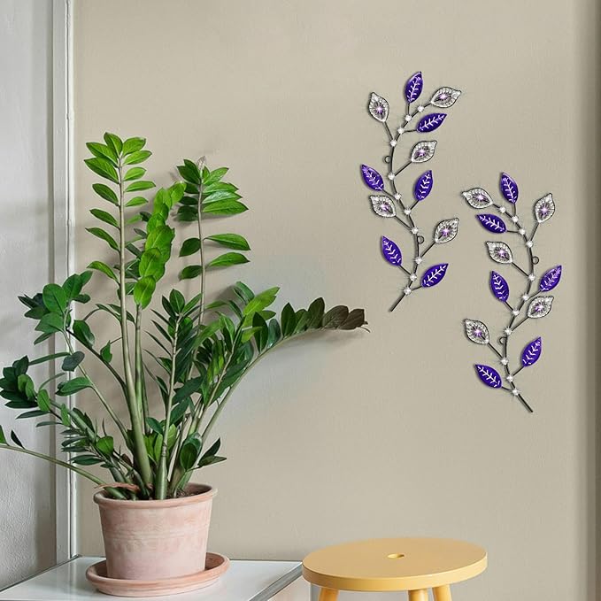 sxnzequnze 2 Sets Leaf Wall Art for Home Metal Bling Rhinestones Ready to Hang Tree Branch Leaves Olive Vine Wrought Iron Hanging Sculpture Pieces Wall Decor Pcs - 16.5in