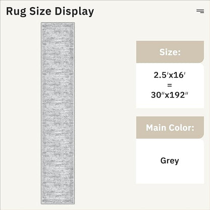 Soalmost Runner Rug 2'6" x 16' Washable Non-Slip 2.5x16 ft Long Runner Rugs for Kitchen Bathroom Laundry Room Vintage Ultra Thin Runners for Hallway Entryway Grey