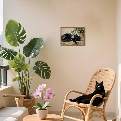 Framed Black Cat Canvas Wall Art, Vintage Sleeping Cat with Plant Picture Wall Decor Paintings, Cute Animal Poster Prints Rustic Aesthetic Home Decor for Living room Bedroom Bathroom 8x10 inch