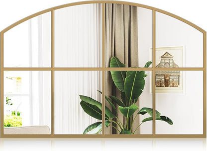 42" x 28" Arched Gold Windowpane Wall Mirror, Grid Wide Brass Window Mirror with Antique Framhouse Style, Large Antique Mirrors for Living Room, Bedroom, Fireplace, Hallway, Entryway