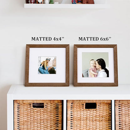 Egofine 8x8 Picture Frame Made of Solid Wood with Plexiglass, Display Pictures 4x4/6x6 with Mat or 8x8 Without Mat Set of 4 for Tabletop and Wall Mounting, Walnut Brown
